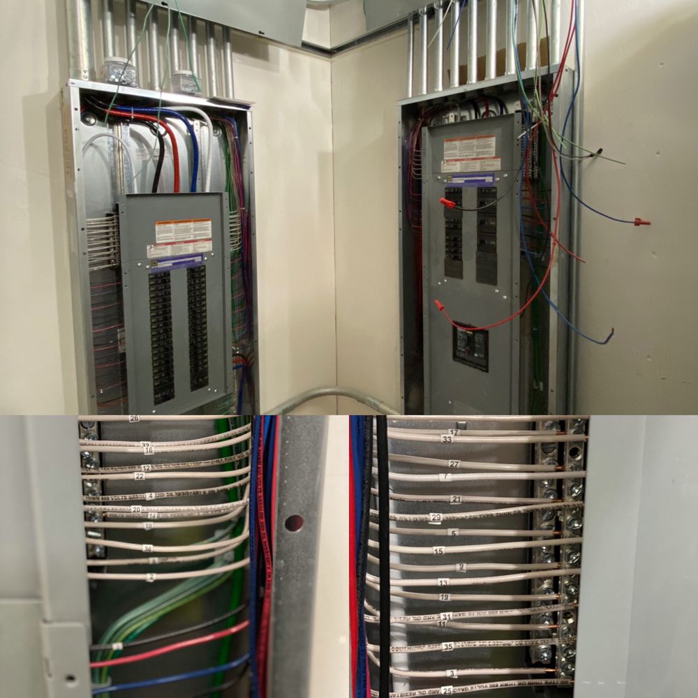 Twin electrical panels with new wiring installed by The Electric Company